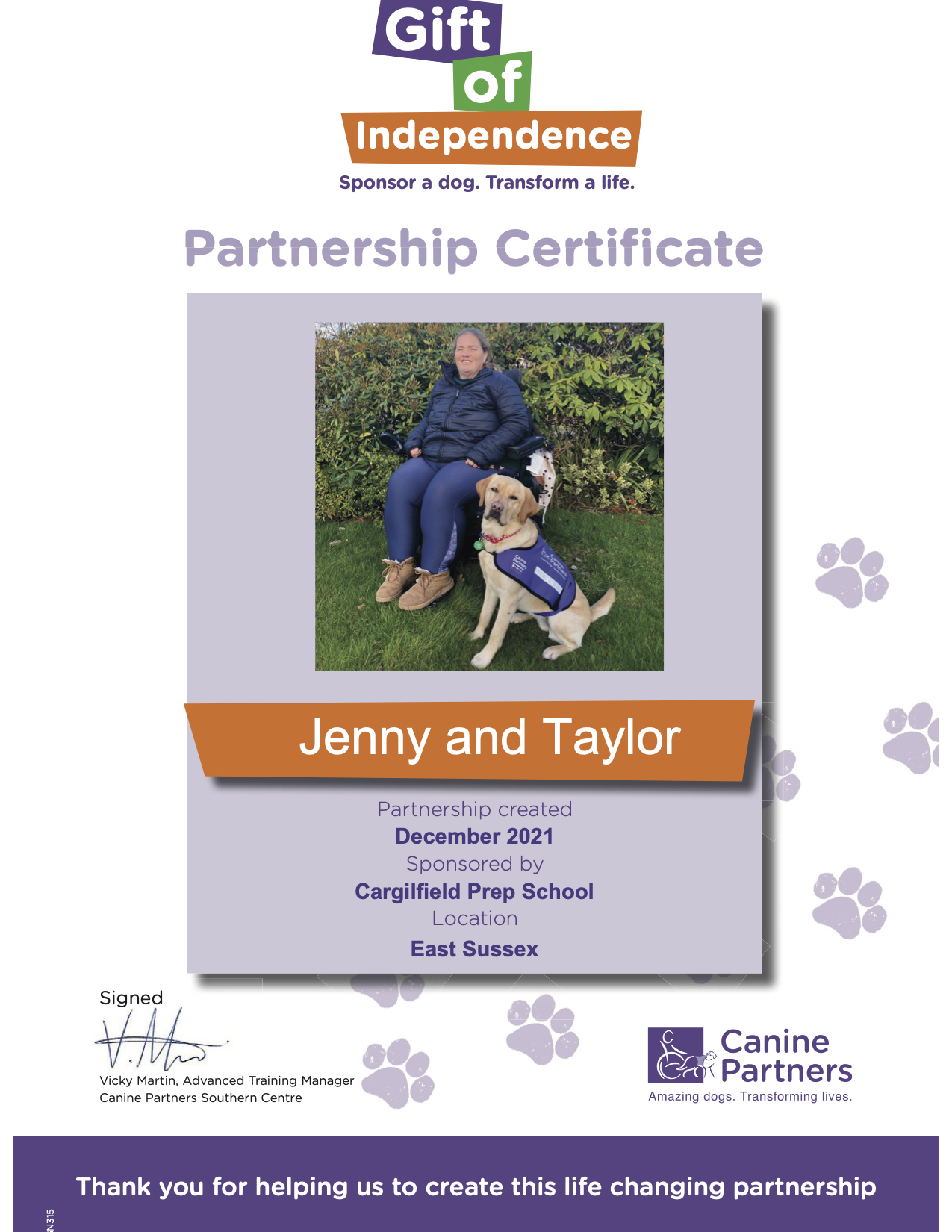 GOI partnership certificate Jenny and Taylor